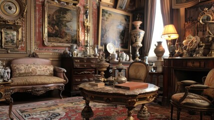 A living room brimming with various furniture pieces and numerous paintings adorning the walls.
