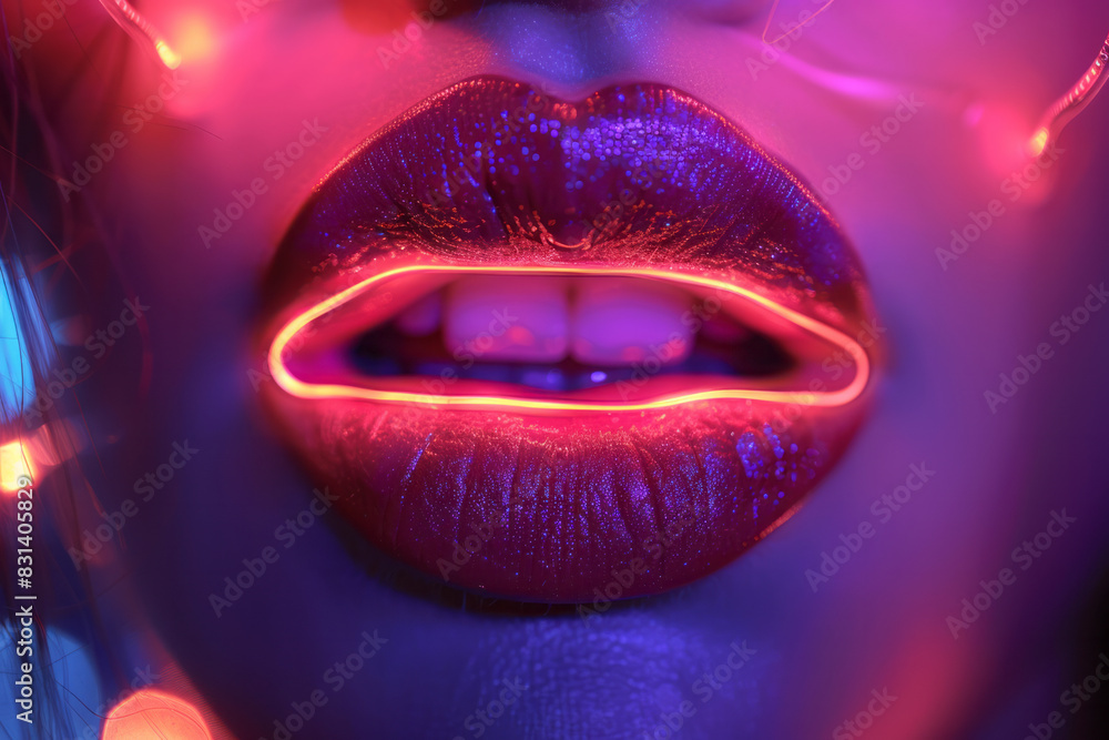 Poster lips outlined with neon lights, creating a glowing effect,