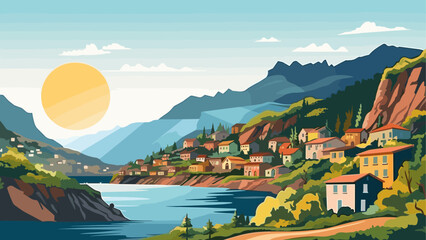 Breathtaking Landscape of a Quiet Village Overlooking the Sea, Rendered in Detailed Vector Art