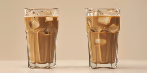 
two tall cold brown coffee glass with ample copy space some Iced Chai Latte drink elegantly plated on a table .