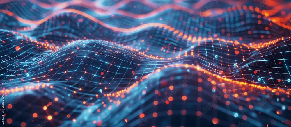 Fototapete A futuristic digital landscape featuring an intricate web of glowing neural networks interconnected with streams of binary code flowing seamlessly through the matrix