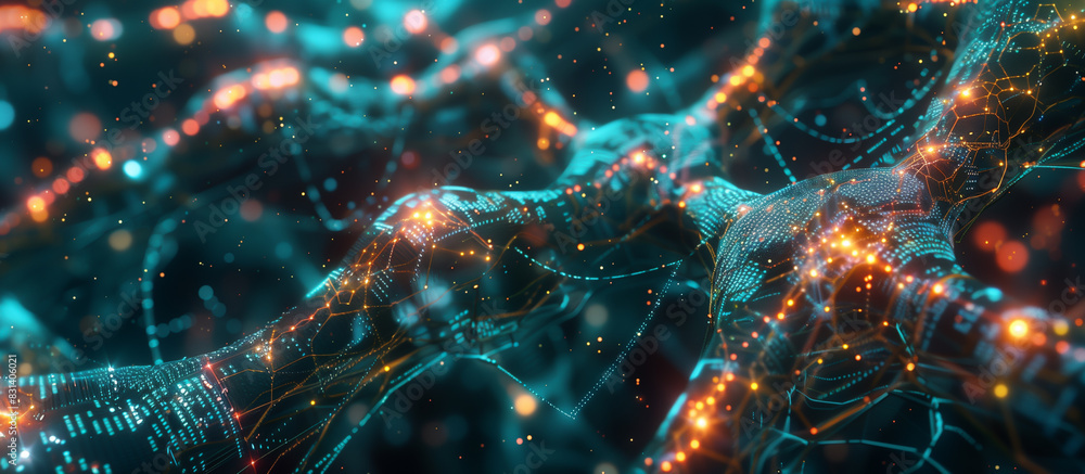 Poster a futuristic digital landscape featuring an intricate web of glowing neural networks interconnected 