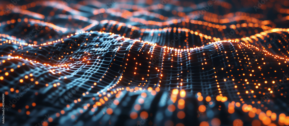 Fototapete A futuristic digital landscape featuring an intricate web of glowing neural networks interconnected with streams of binary code flowing seamlessly through the matrix