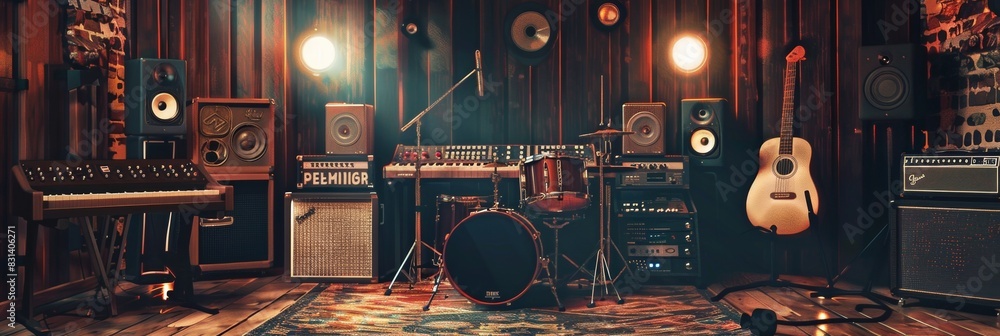 Poster A vibrant room pulsating with creativity, showcasing an array of musical instruments and equipment on display, accentuated by a cozy rug. Generative AI