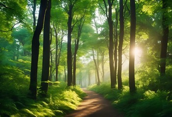 Obraz premium AI generated illustration of a sunset in a forest with a dirt road and sun peeking through trees