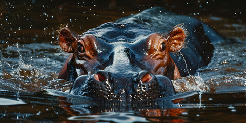 hippopotamus in the water, spraying water from its mouth hippo has large ears and a long snout eyes are open and it appears to be looking straight 