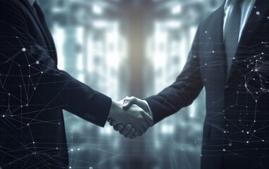 Shaking hands with a digital partner in front of a futuristic background. Artificial intelligence and machine learning process for the fourth industrial revolution. 