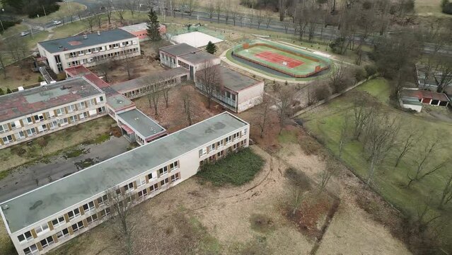 1970s east bloc soviet old historic ruined abandoned empty elementary school building structure area 