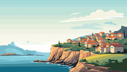 Breathtaking Landscape of a Quiet Village Overlooking the Sea, Rendered in Detailed Vector Art