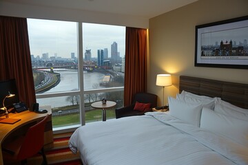 Comfortable hotel room with a city view, featuring a cozy bed and modern amenities for a relaxing and convenient stay