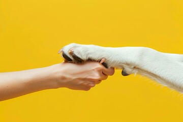 Closeup of a human hand and dog paw performing a fist bump on a yellow background