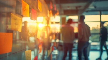 Office brainstorming session with sticky notes on a wall and people discussing in the background. Overworking and mental stress.