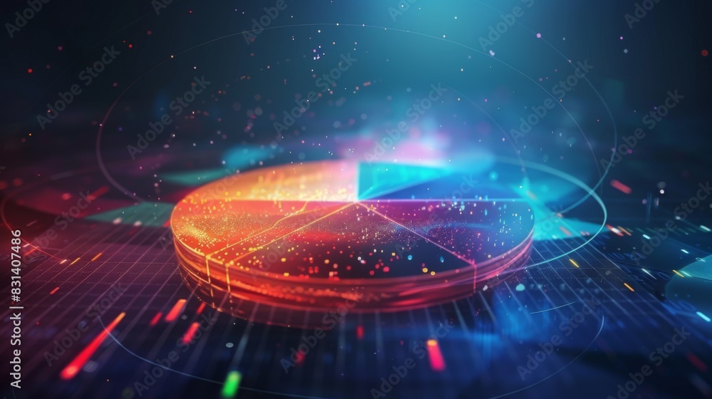 Poster abstract background of a 3d pie chart floating in space, representing statistical data and numerical
