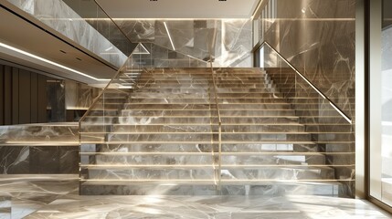 A grand staircase with a timeless, marble finish and a modern, minimalist glass balustrade