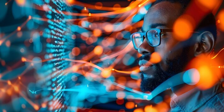 A businessman analyzing data on a digital screen with coding and machine learning technology. Concept Business Analytics, Data Analysis, Coding, Machine Learning, Technology