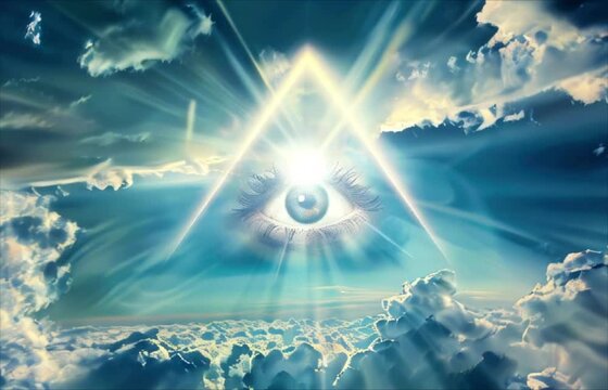 Eye of Providence in the blue sky among clouds. All-seeing God's eye