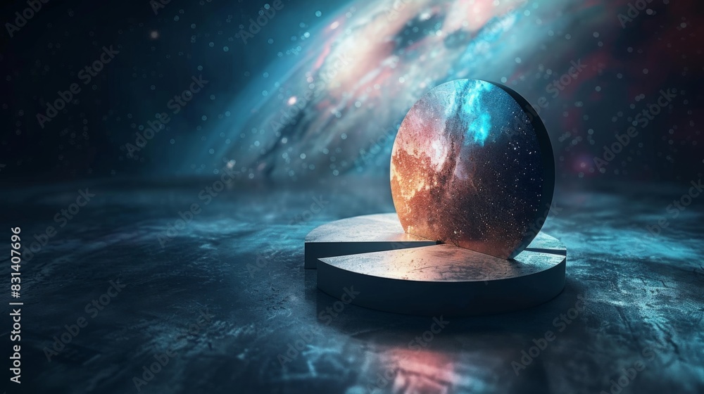 Poster abstract background of a 3d pie chart floating in space, representing statistical data and numerical