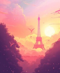 Eiffel Tower at Sunset With Vibrant Pink and Purple Sky in Paris, France