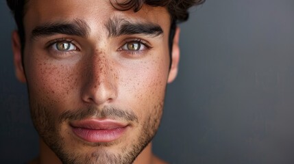 Obraz premium Handsome Young Man with Clear Skin and Brown Eyes in Studio Shot Emphasizing Male Beauty and Care