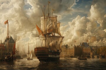 Golden Age Dutch Galleon at Harbor
