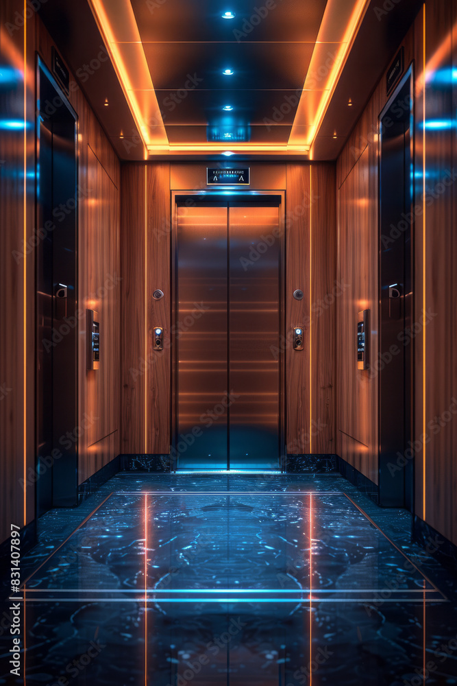 Poster a high-tech elevator with voice-activated controls, responding to spoken commands,
