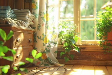 Sunlit cozy room with green plants, wooden decor, and a tranquil ambiance, perfect for a peaceful retreat