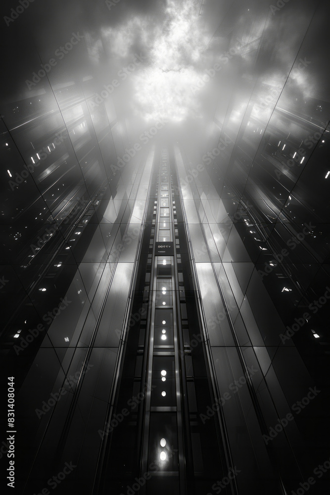 Poster A transparent elevator ascending through the center of a modern skyscraper,