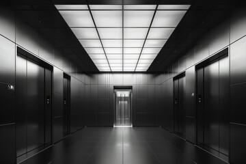 An elevator with a sleek, minimalist design and ambient LED lighting,