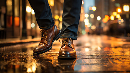 A person wearing brown shoes is walking on a wet sidewalk at night.