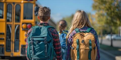 Students with backpacks boarding a school bus. Concept School, Students, Backpacks, Boarding, School bus
