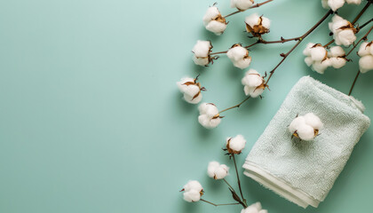 soft cotton towel and natural cotton branches on a mint green background for spa and wellness