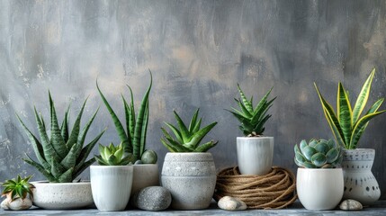 Sanseveria plants displayed in white pots varying in size Distinctive growth patterns of the plants Decor includes jute rope and stone Natural lighting creating intriguing shadows Artistic b