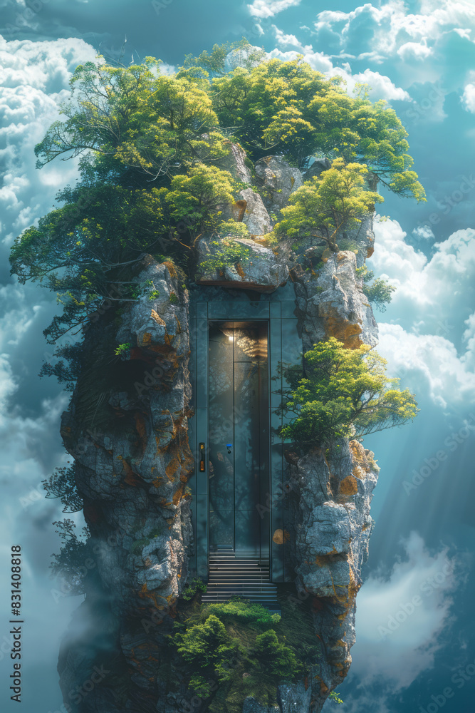 Poster an elevator in a surreal landscape with floating islands and twisting pathways,