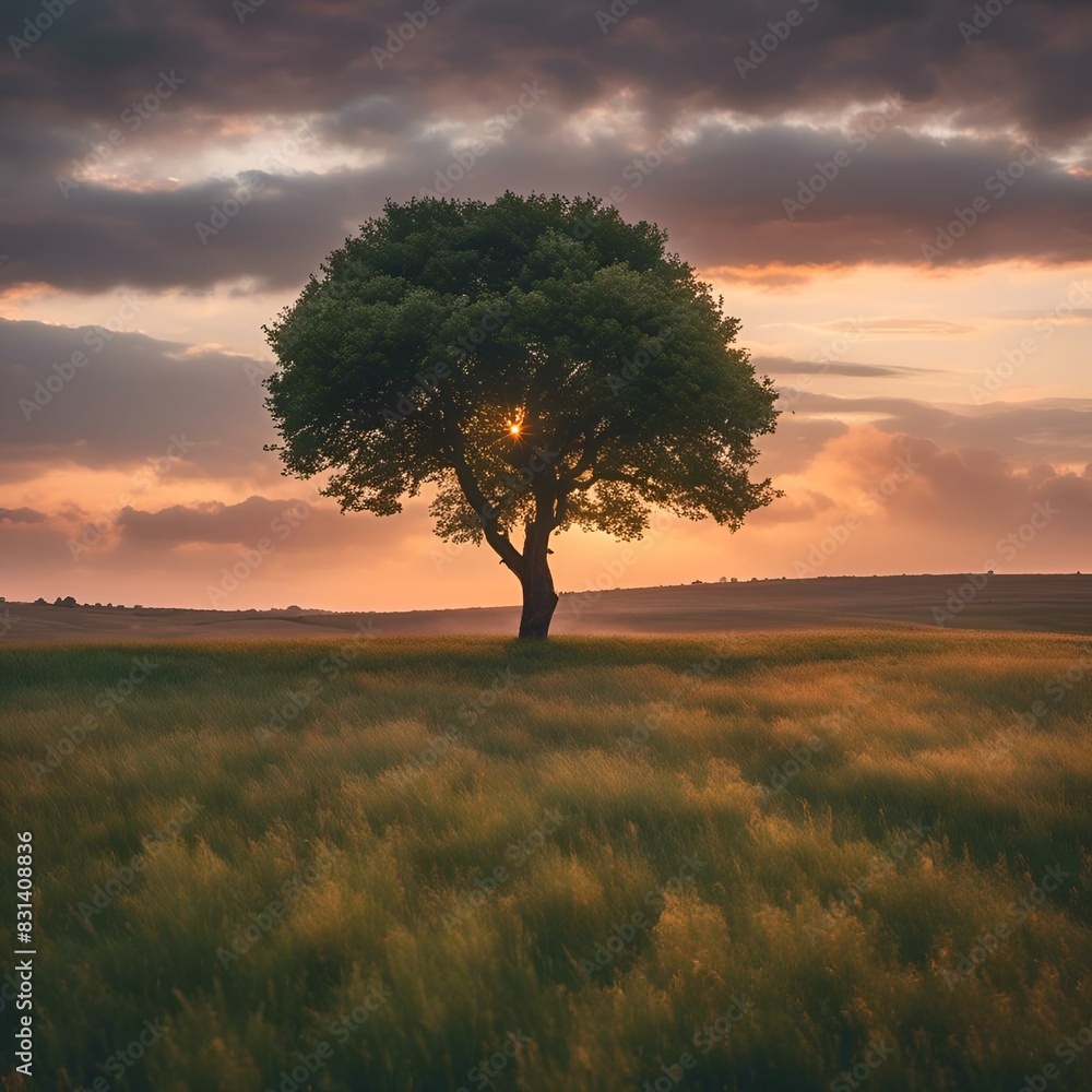 Canvas Prints AI-generated illustration of sun shining through clouds over grassy field