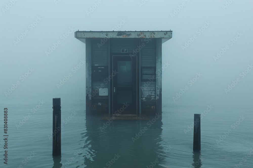Poster an elevator rising from a fog-covered lake, creating a mysterious and eerie scene,