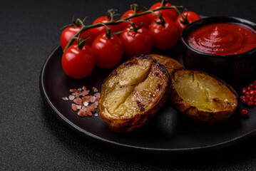 Delicious halved potatoes grilled with salt, spices and herbs