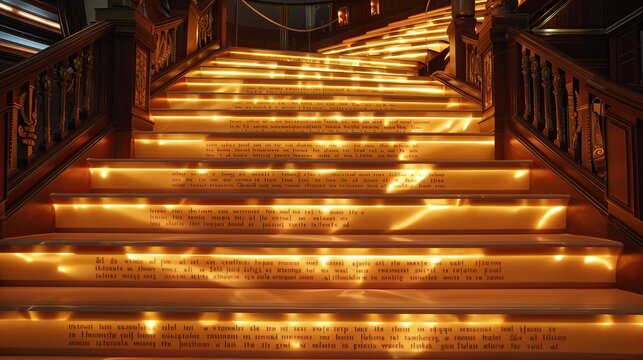 A grand staircase with steps that light up with quotes from famous literary works, creating an inspiring ascent