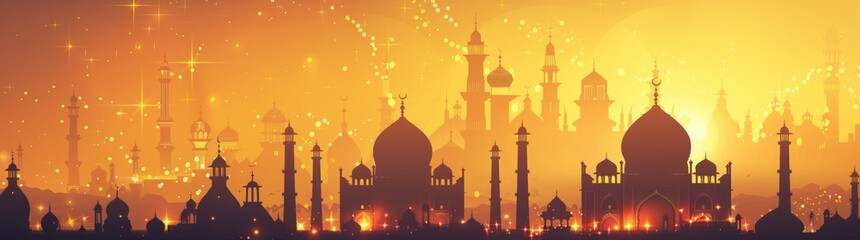 In the evening glow, the majestic silhouette of an Islamic mosque and city buildings creates a captivating skyline.