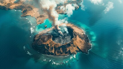 Aerial shot of a volcanic island surrounded by turquoise waters, with plumes of smoke rising from the crater, creating a stark contrast against the serene seascape