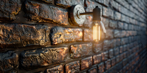 A lit light bulb in an iron holder mounted on a brick wall