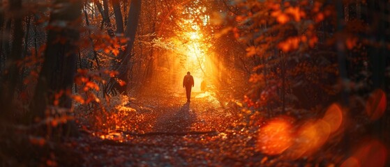 Against a backdrop of fiery autumnal hues, a solitary figure traversed the winding forest path, their silhouette framed by the warm glow of the setting sun