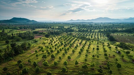 Aerial view of a deforested landscape being transformed into a green oasis through large-scale tree planting initiatives and conservation efforts