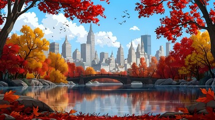 AI generated illustration of a city skyline with vibrant red, yellow and orange trees