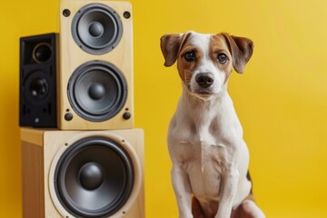 Adorable jack russell terrier sitting by modern sound system