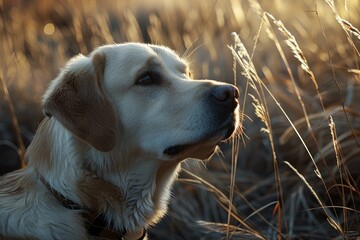 Calm labrador retriever dog in a field, lit by the golden light of the evening sun