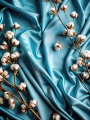 Blue Cloth With Cotton Flowers. Generative AI