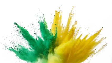 Yellow and green explosion smoke of holi paint color powder isolated on transparent or white background