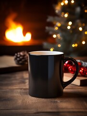 A black mug on a wooden table in front of a fireplace with a roaring fire.
