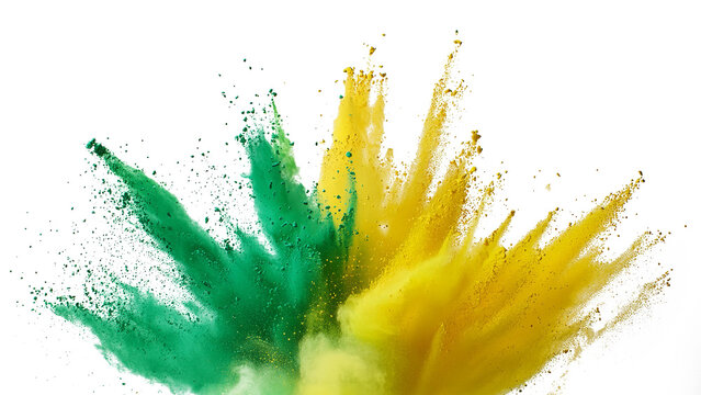 Yellow and green explosion smoke of holi paint color powder isolated on transparent or white background