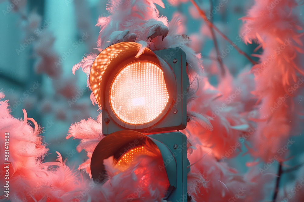 Poster a traffic light with pastel-colored feathers floating around it, adding a delicate touch,